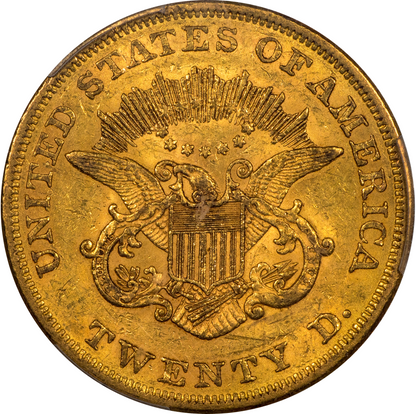 1855 $20 Liberty Head Double Eagle AU58+ PCGS CAC REVERSE