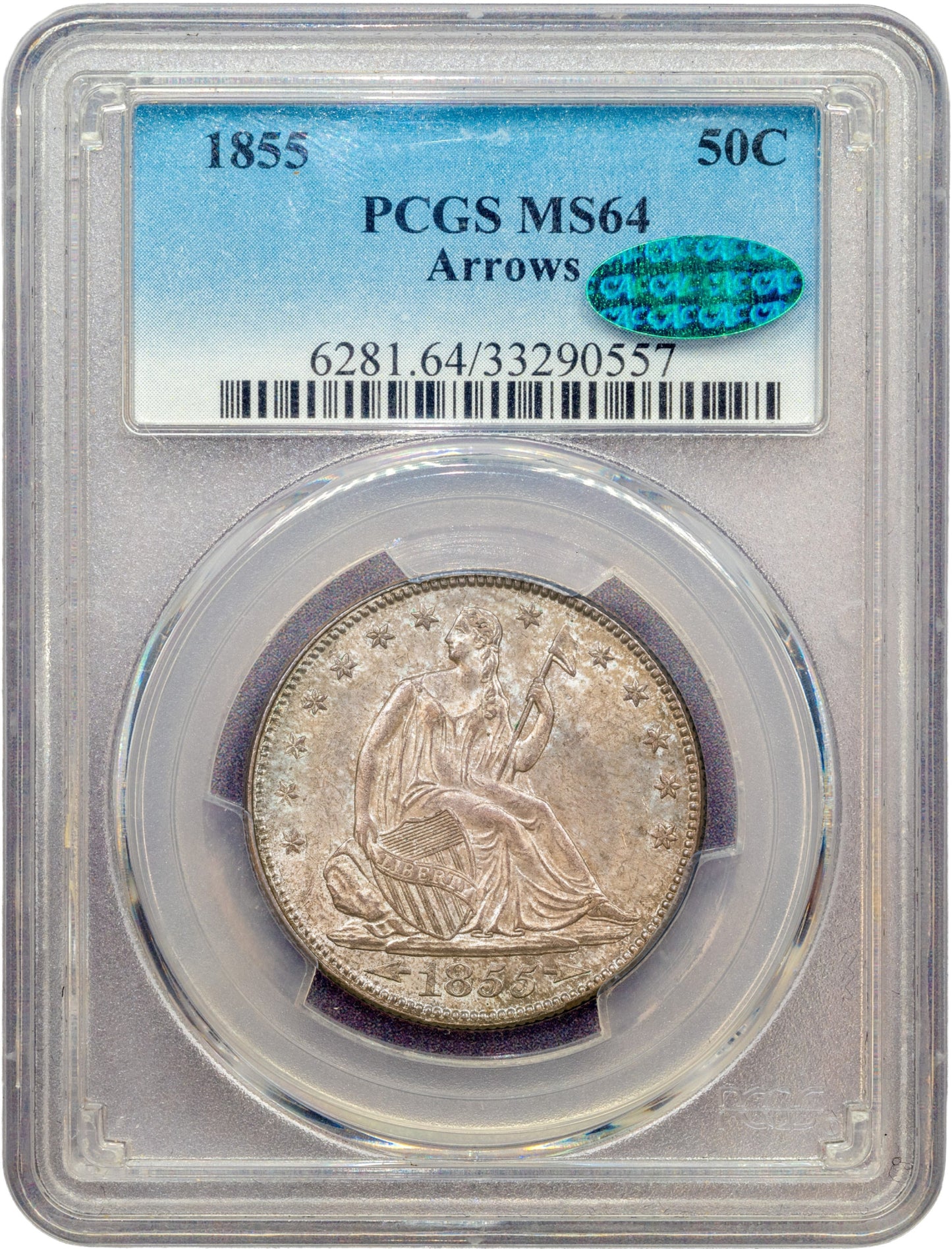 1855 50C ARROWS MS64 PCGS CAC 50C HOLDER WITH CAC GREEN STICKER