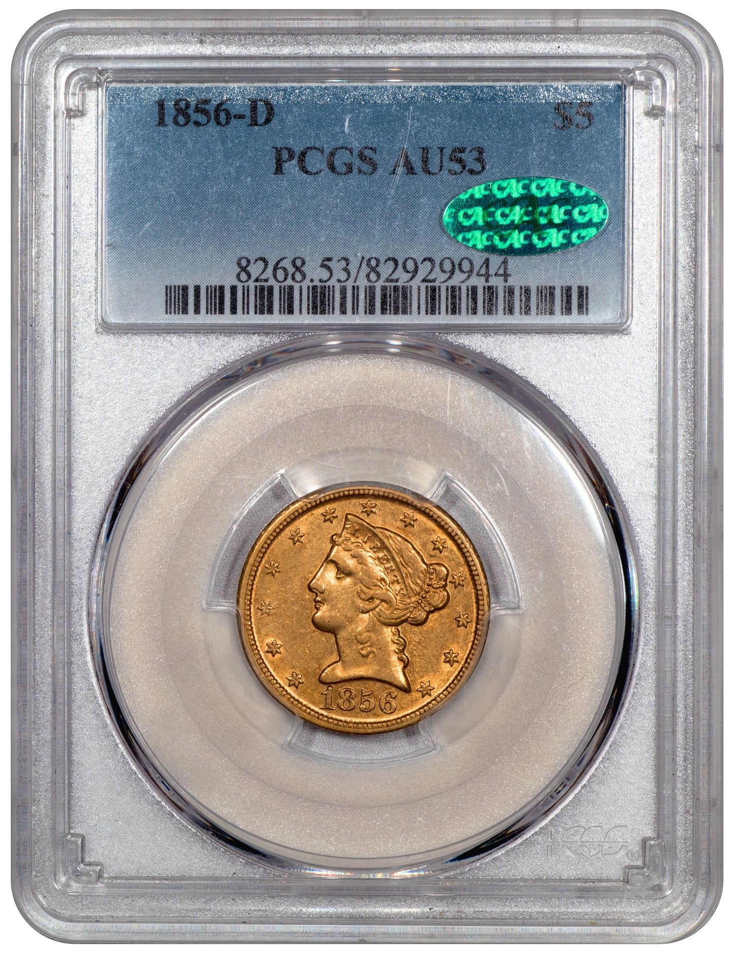 1856-D Liberty Head Half Eagle $5 AU53 PCGS CAC Holder With Green CAC Sticker