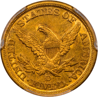 1856-D Liberty Head Half Eagle $5 AU53 PCGS CAC Reverse