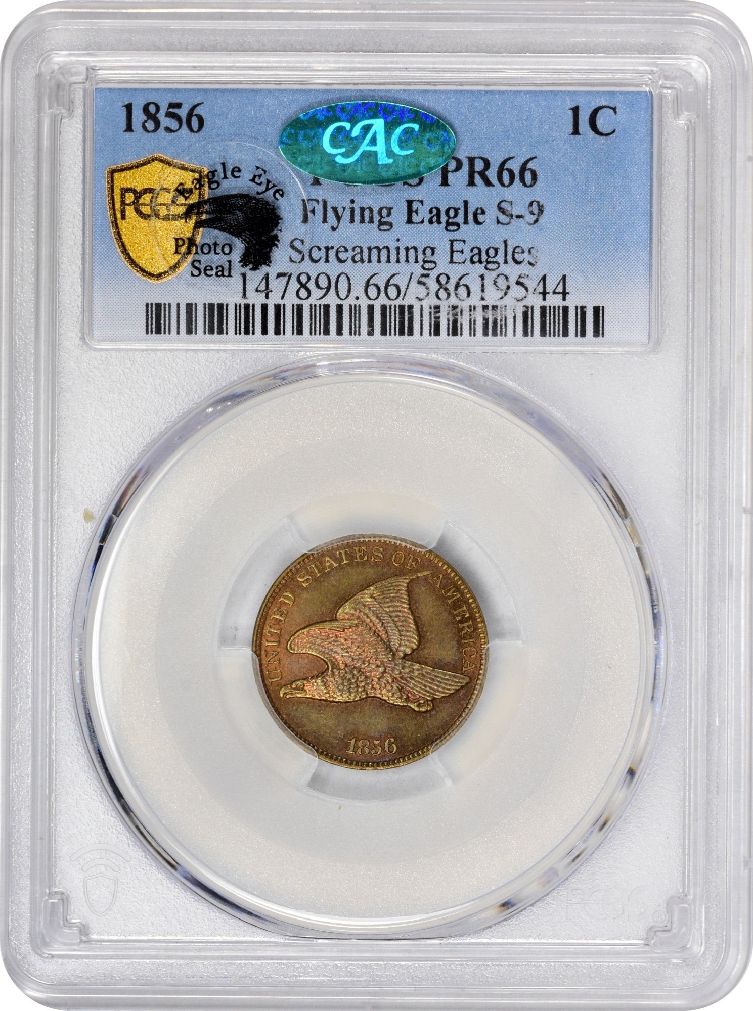 1856 1C FLYING EAGLE S-9 PR66 PCGS CAC EEPS HOLDER WITH CAC AND EAGLE EYE PHOTO SEAL STICKER