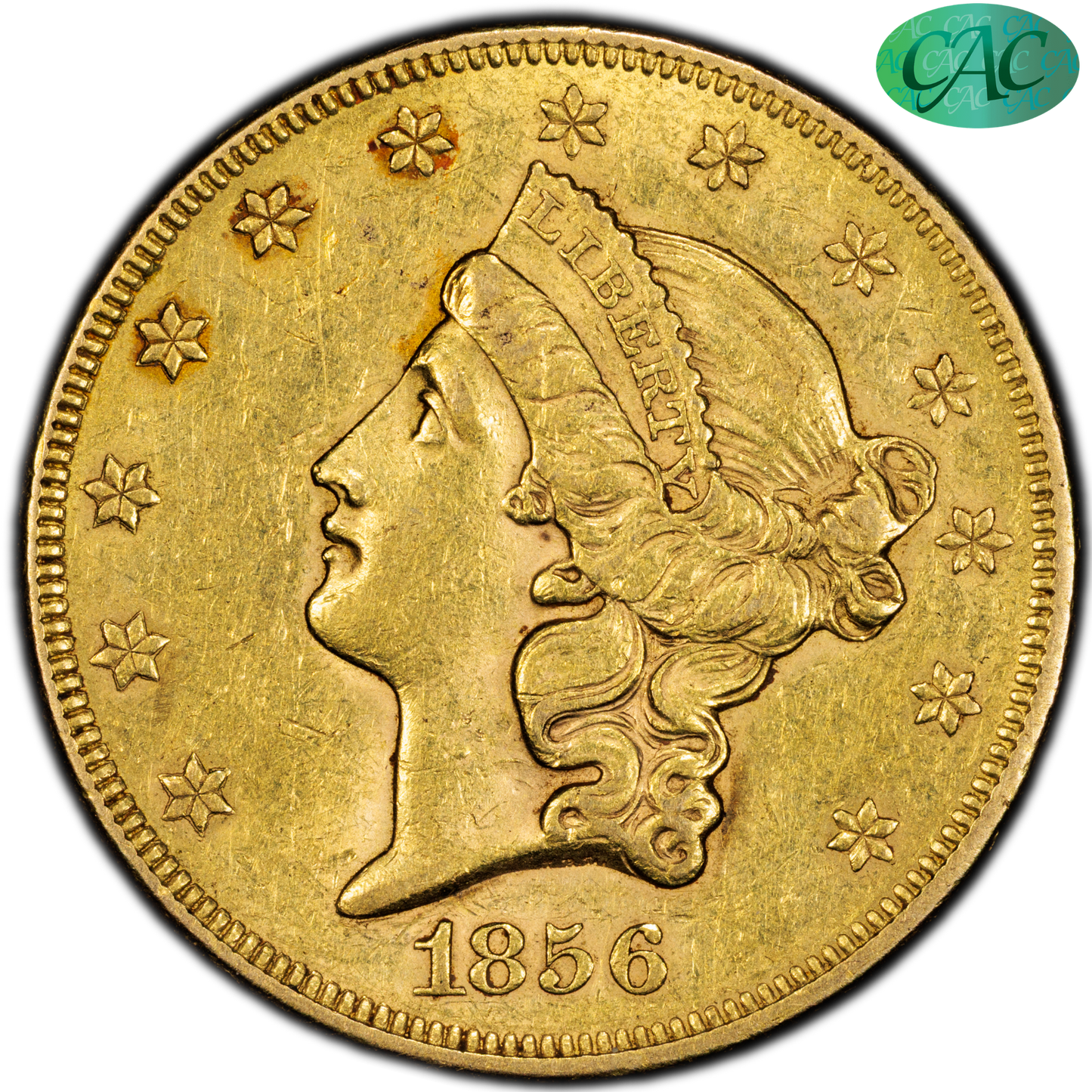 1856 $20 Liberty Head Double Eagle AU55 PCGS CAC
