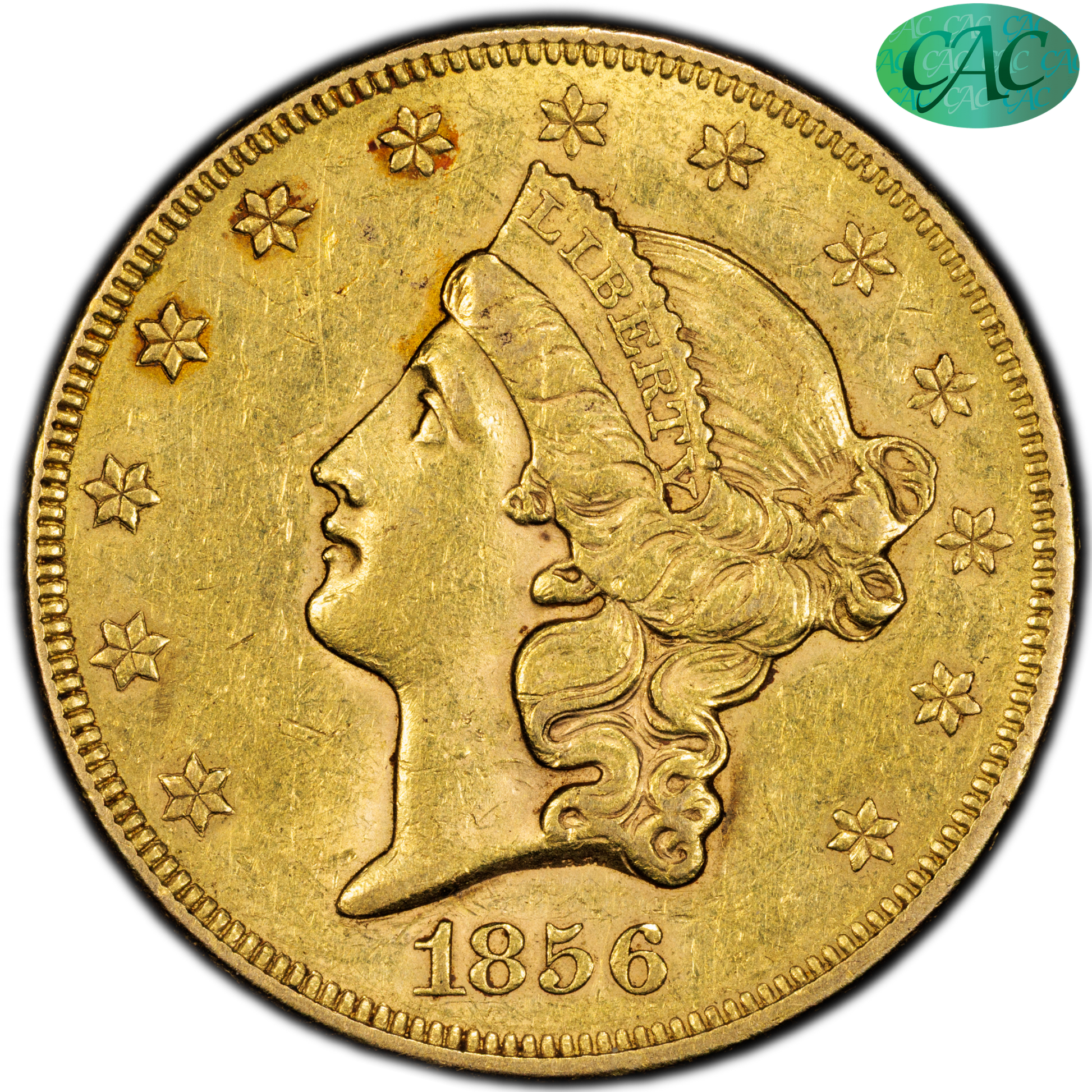 1856 $20 Liberty Head Double Eagle AU55 PCGS CAC