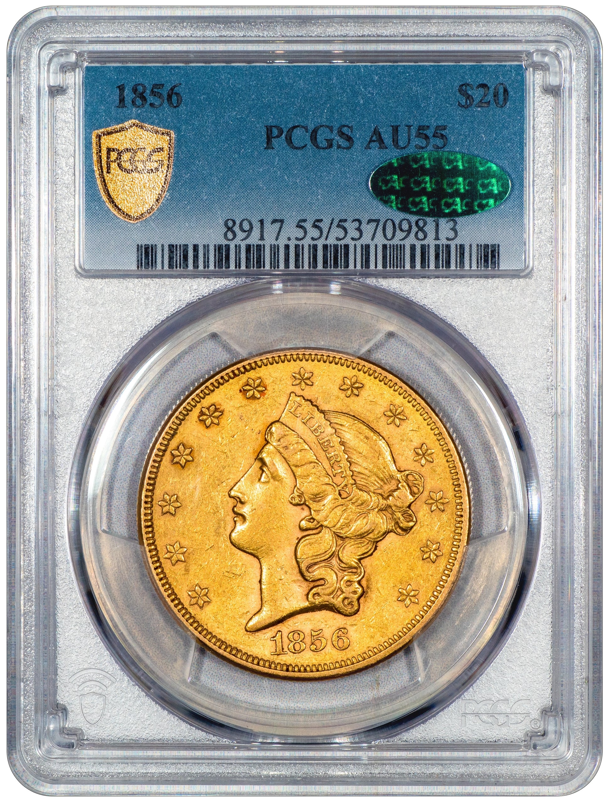 1856 $20 Liberty Head Double Eagle AU55 PCGS CAC HOLDER WITH GREEN CAC STICKER
