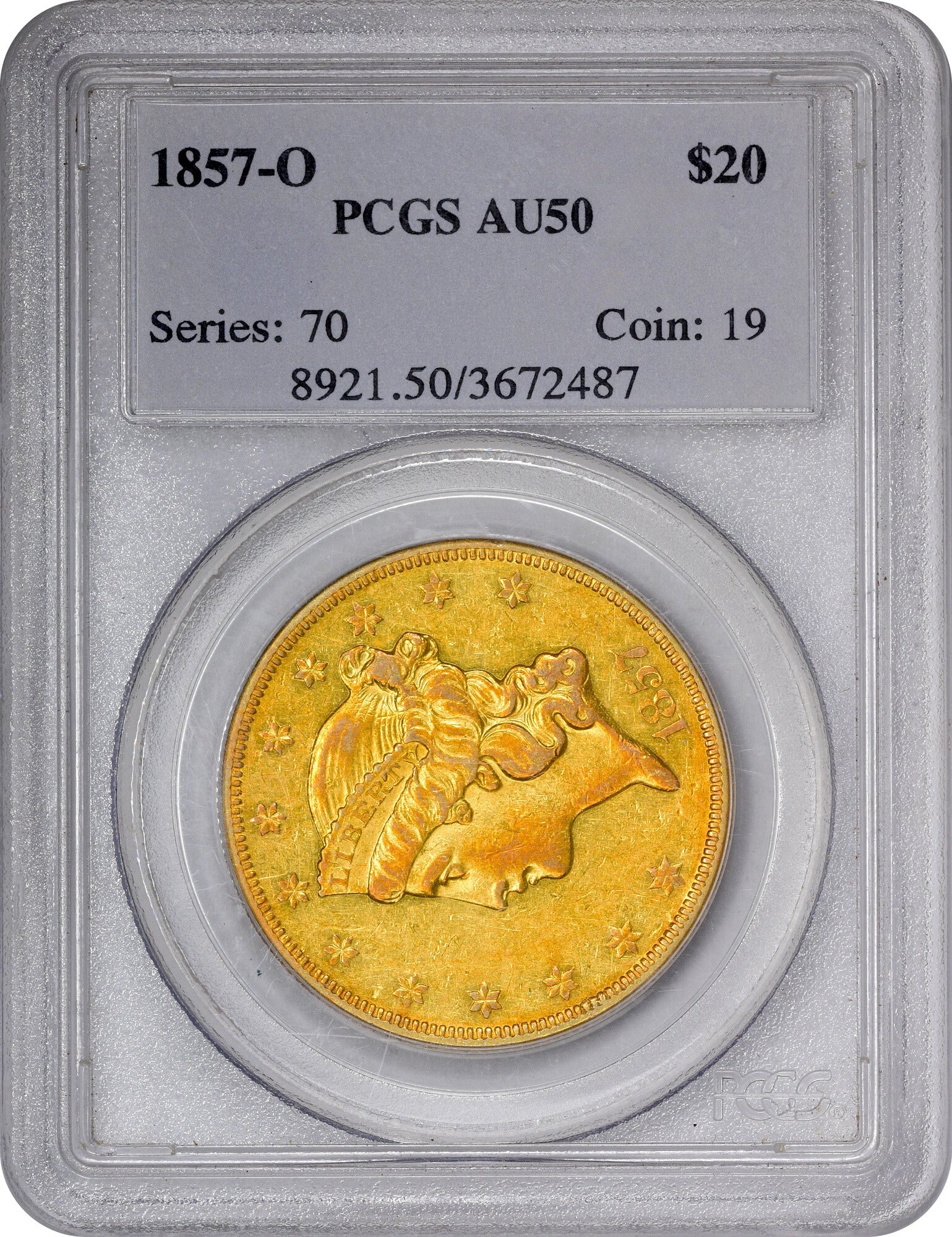 1857-O $20 AU50 PCGS HOLDER