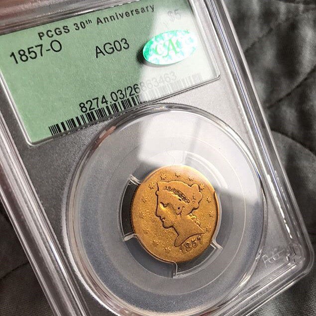 1857-O $5 AG03 PCGS CAC
