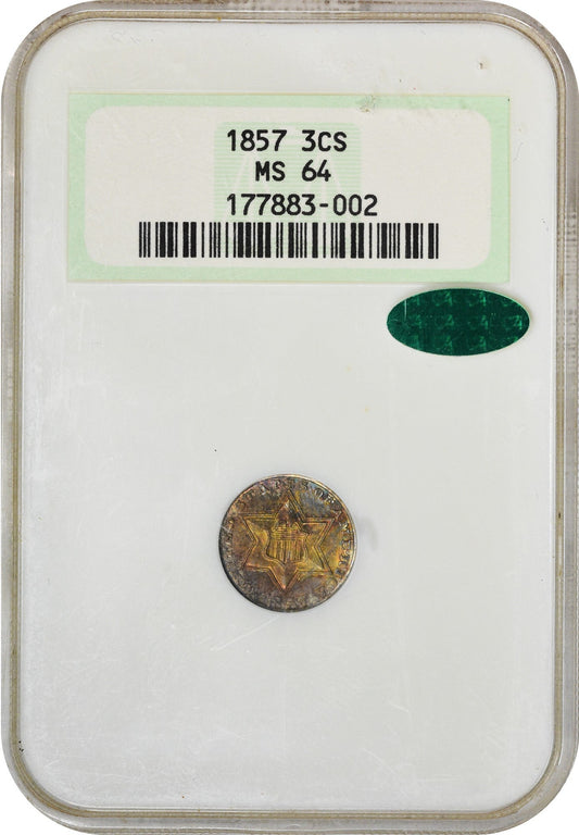 1857 3CS MS64 OH NGC CAC HOLDER WITH CAC STICKER