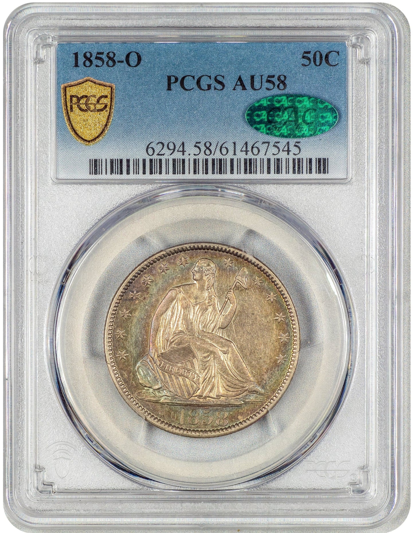 1858-O 50C AU58 PCGS CAC HOLDER WITH GREEN CAC STICKER