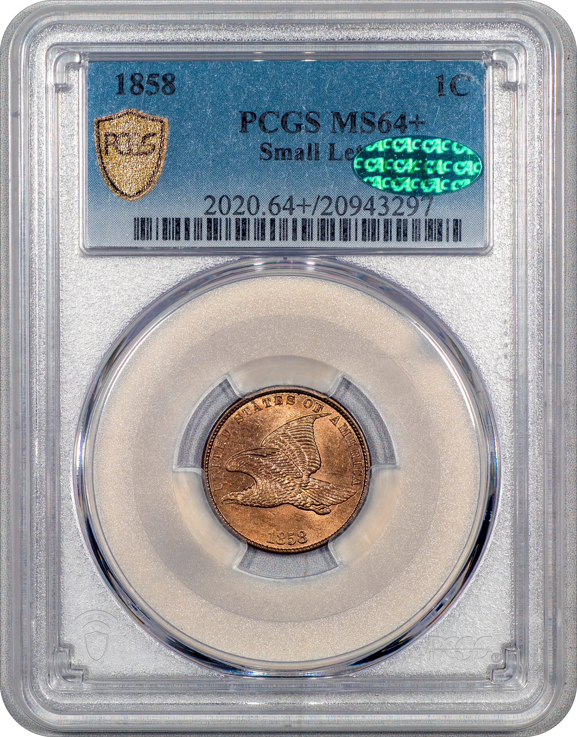 1858 Flying Eagle Cent 1C SM LT MS64+ PCGS CAC Holder With Green CAC Sticker 
