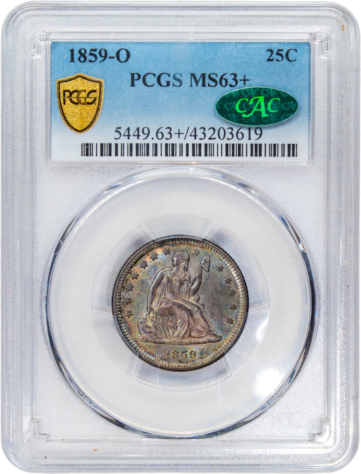 1859-O 25C MS63+ PCGS CAC HOLDER WITH GREEN CAC STICKER