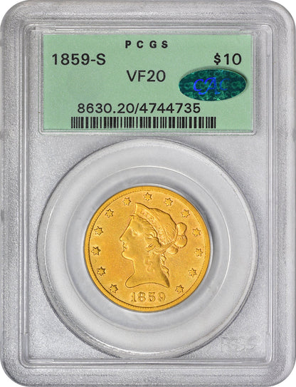 1859-S $10 VF20 OGH PCGS CAC HOLDER WITH CAC STICKER