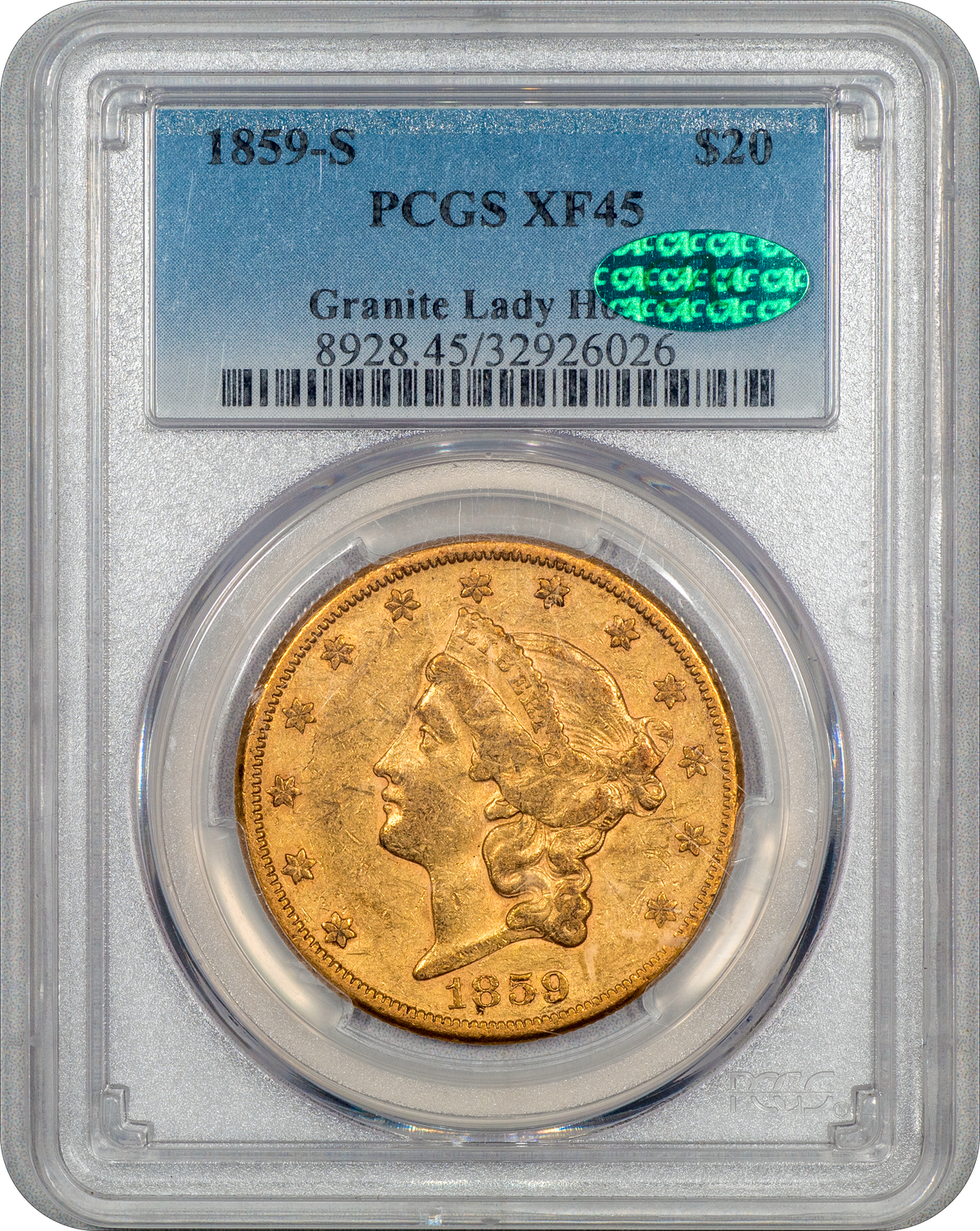1859-S Liberty Head Double Eagle $20 XF45 PCGS CAC Holder With Green CAC Sticker