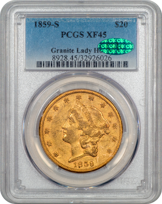 1859-S Liberty Head Double Eagle $20 XF45 PCGS CAC Holder With Green CAC Sticker