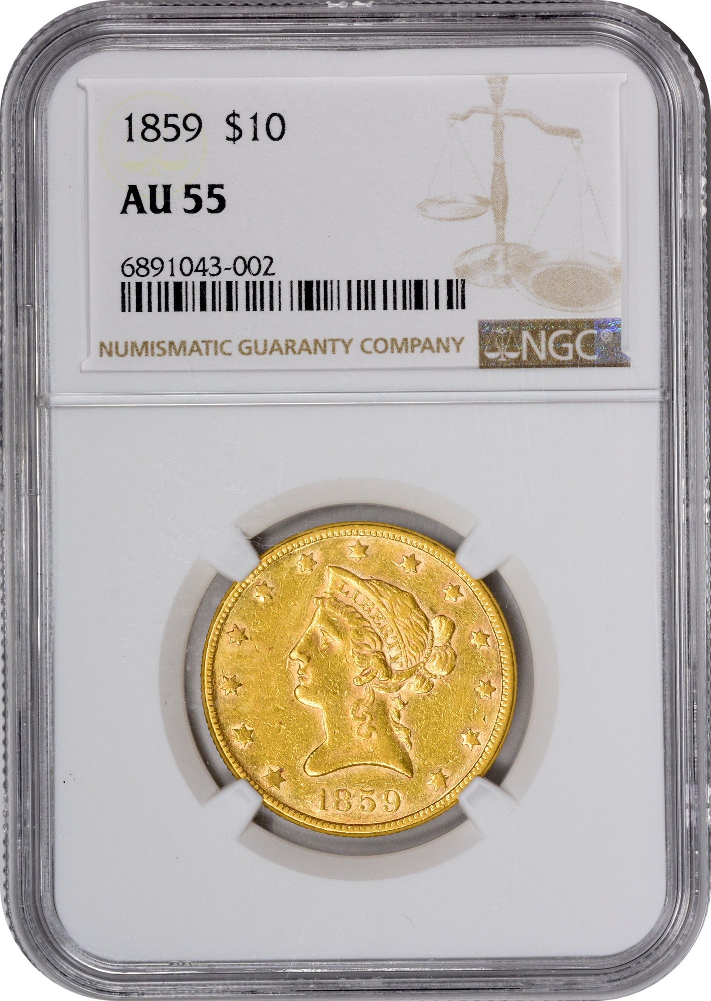 1859 $10 AU55 NGC HOLDER