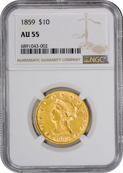 1859 $10 AU55 NGC HOLDER