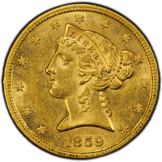 Gold coin with a profile of a woman and the year 1859.