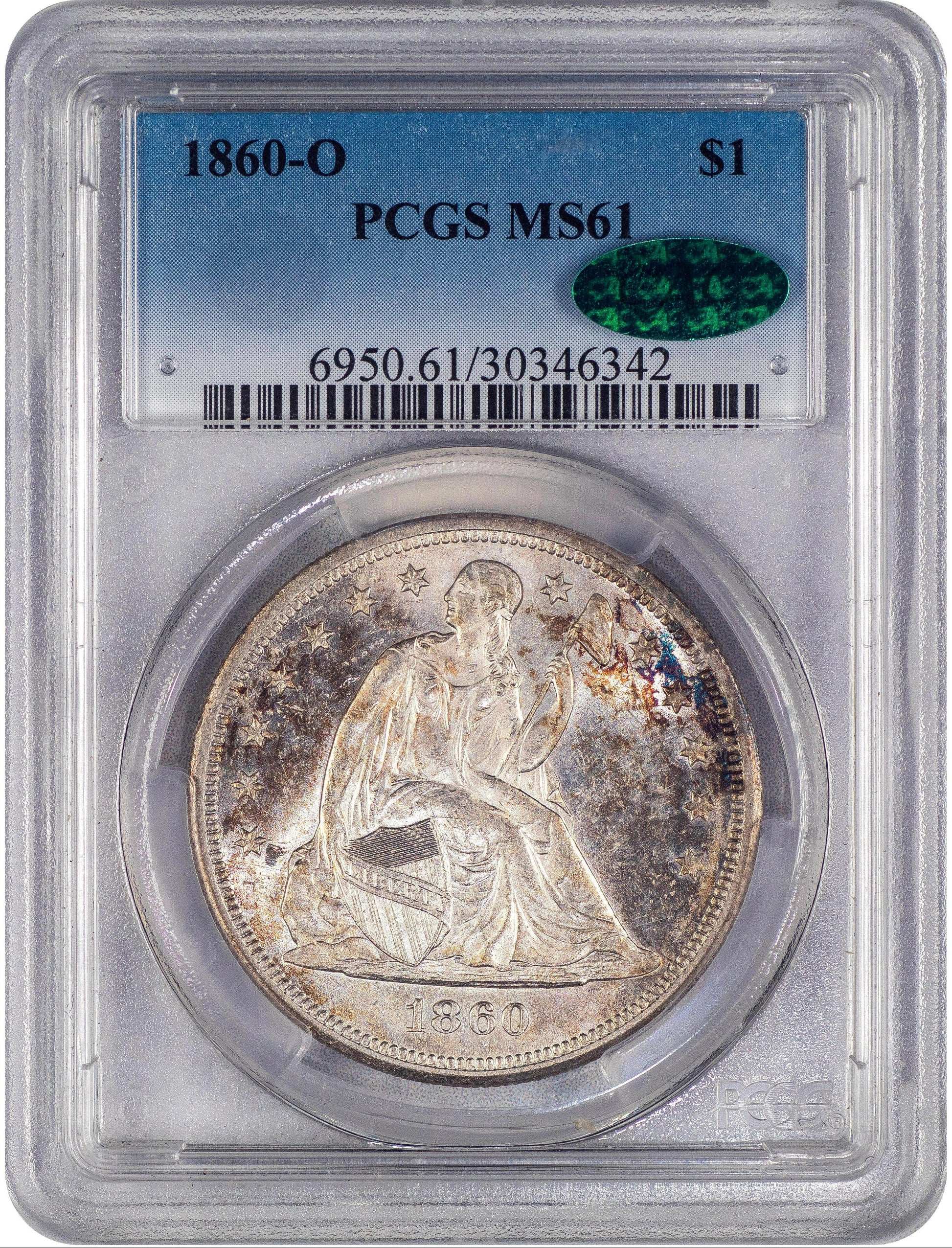 1860-O $1 MS61 PCGS CAC HOLDER WITH CAC GREEN STICKER