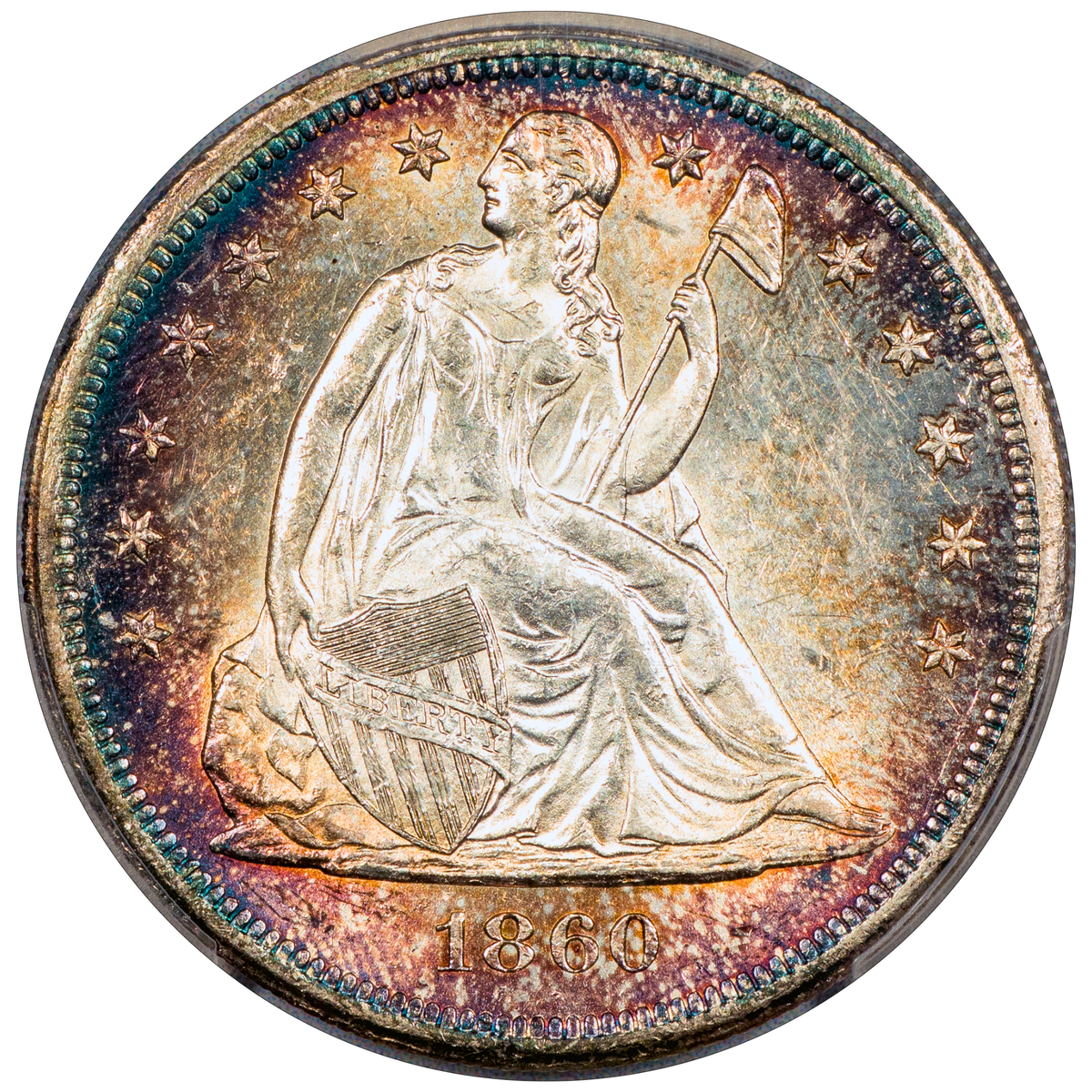 1860-O Liberty Seated Dollar $1 MS62 PCGS CAC