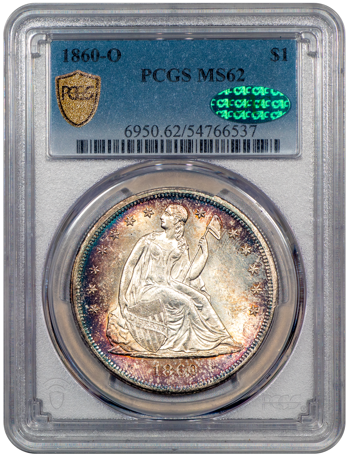 1860-O Liberty Seated Dollar $1 MS62 PCGS CAC Holder With Green CAC Sticker