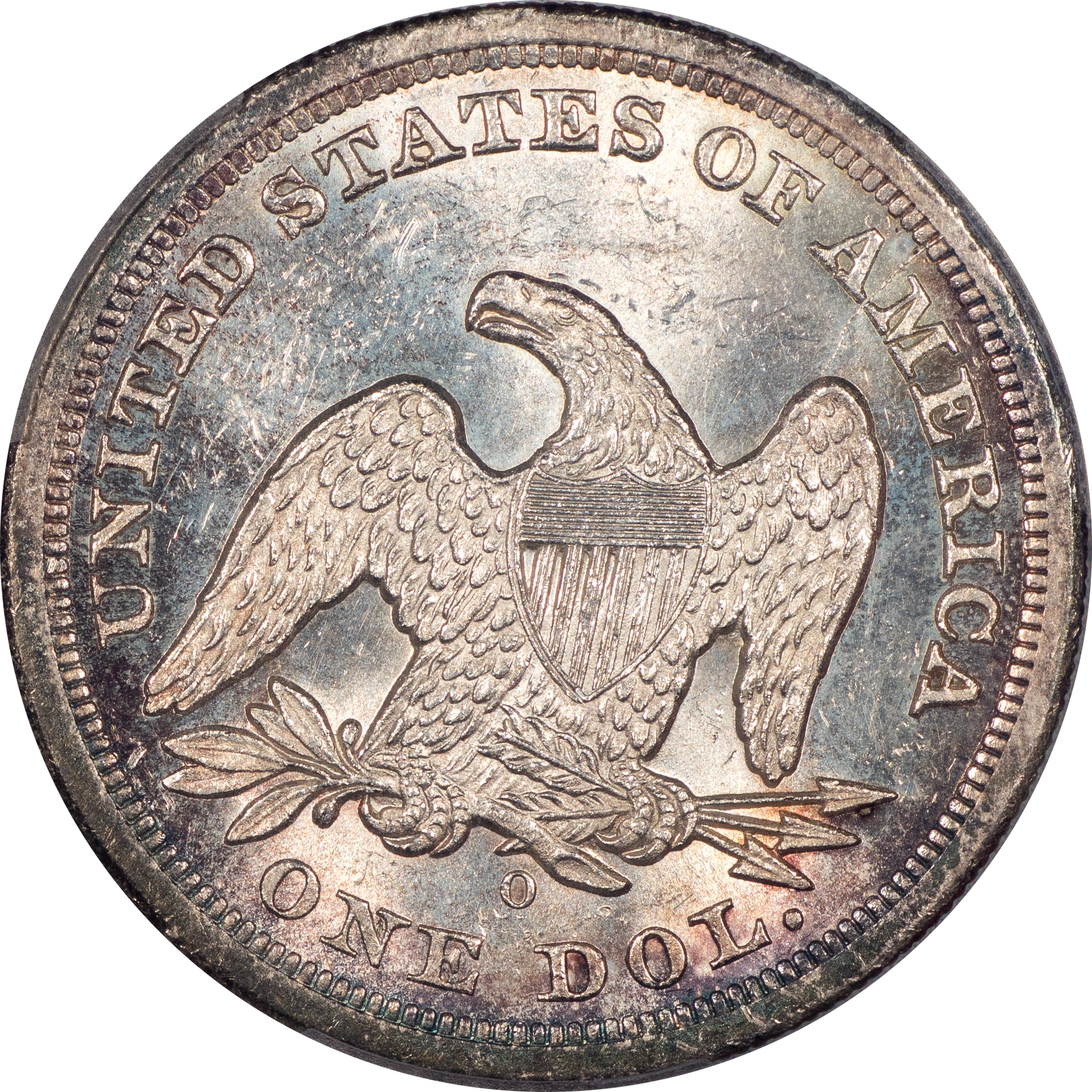 1860-O Liberty Seated Dollar $1 MS62 PCGS CAC Reverse