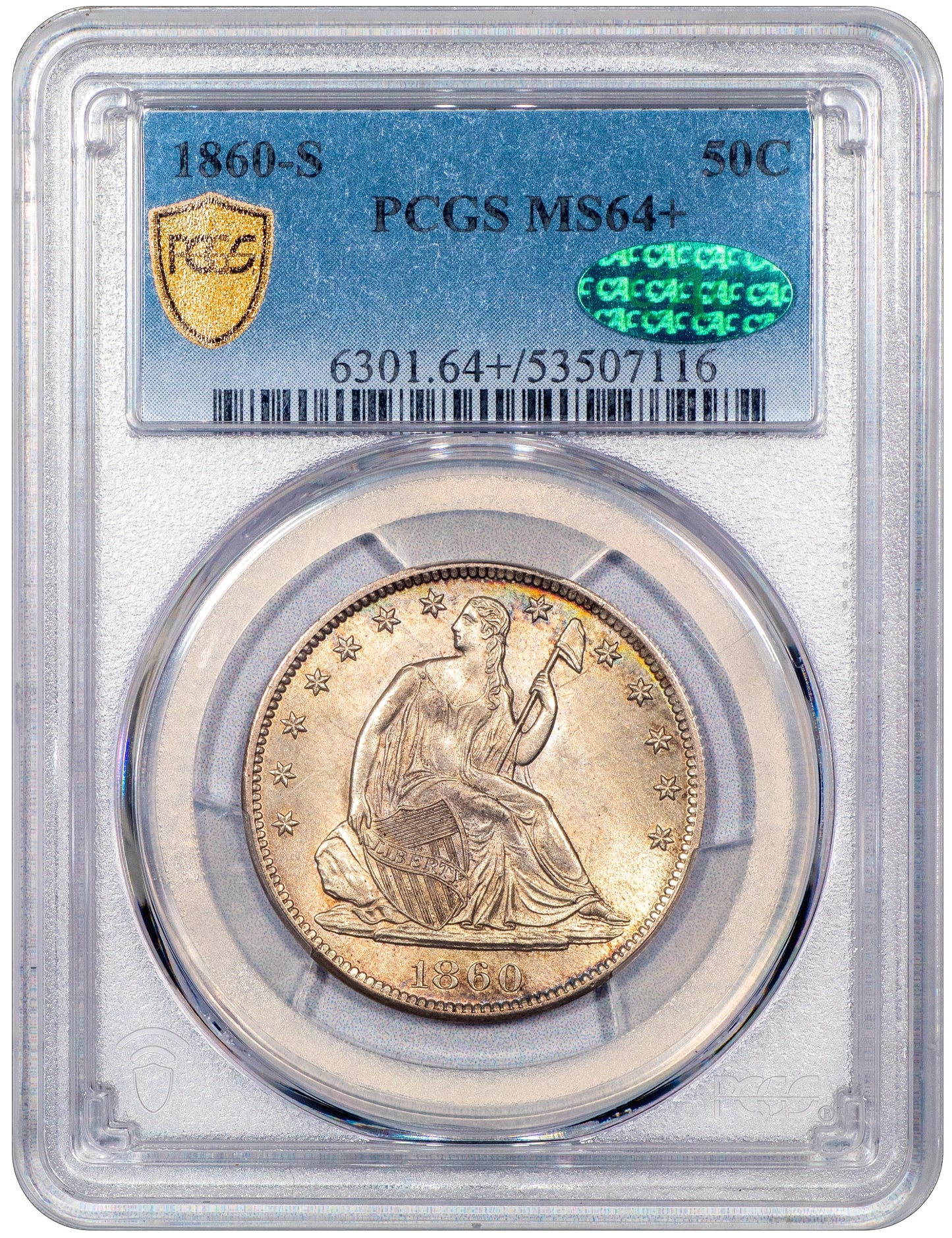 1860-S 50C Liberty Seated Half Dollar MS64+ PCGS CAC HOLDER WITH GREEN CAC STICKER