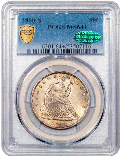 1860-S 50C Liberty Seated Half Dollar MS64+ PCGS CAC HOLDER WITH GREEN CAC STICKER