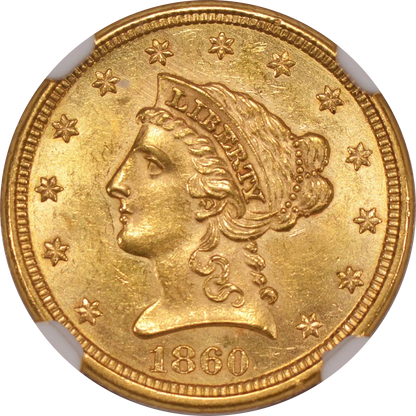 1860 $2.5 NEW REVERSE 1/2 MS62+ PCGS CAC