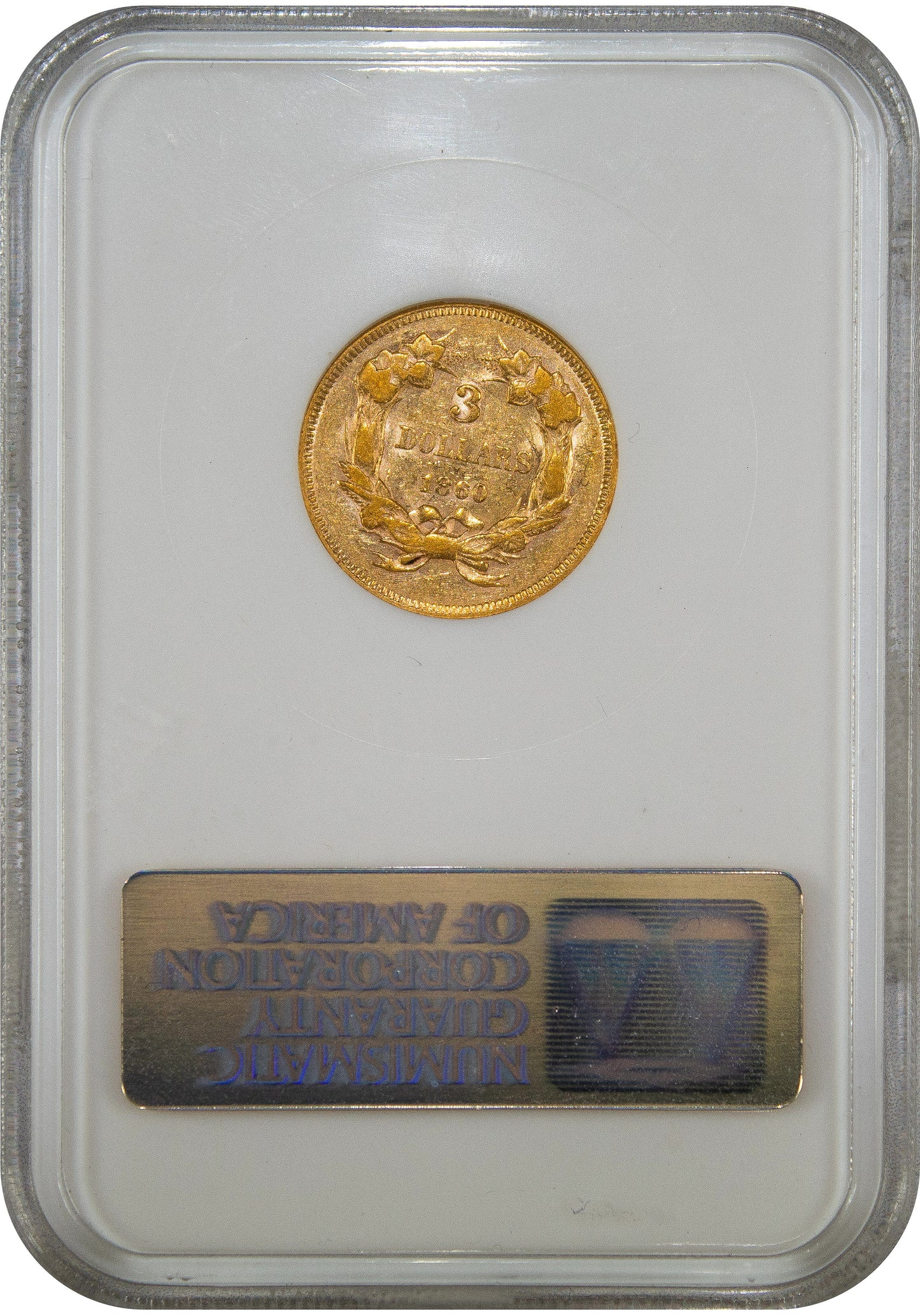 1860 $3 XF40 OH NGC GOLD CAC REVERSE HOLDER
