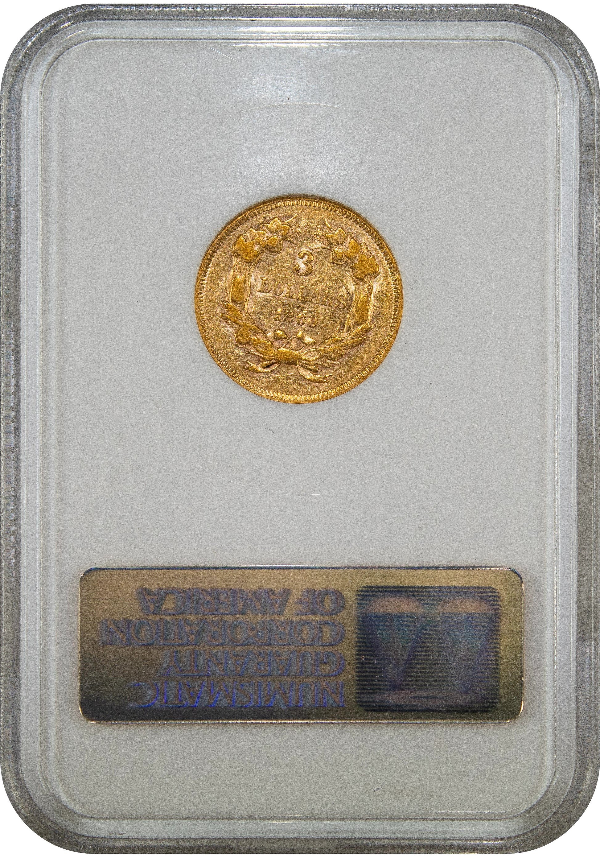 1860 $3 XF40 OH NGC GOLD CAC REVERSE HOLDER
