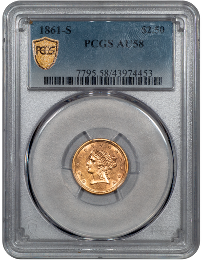 1861-S $2.50 Liberty Head Quarter Eagle AU58 PCGS HOLDER