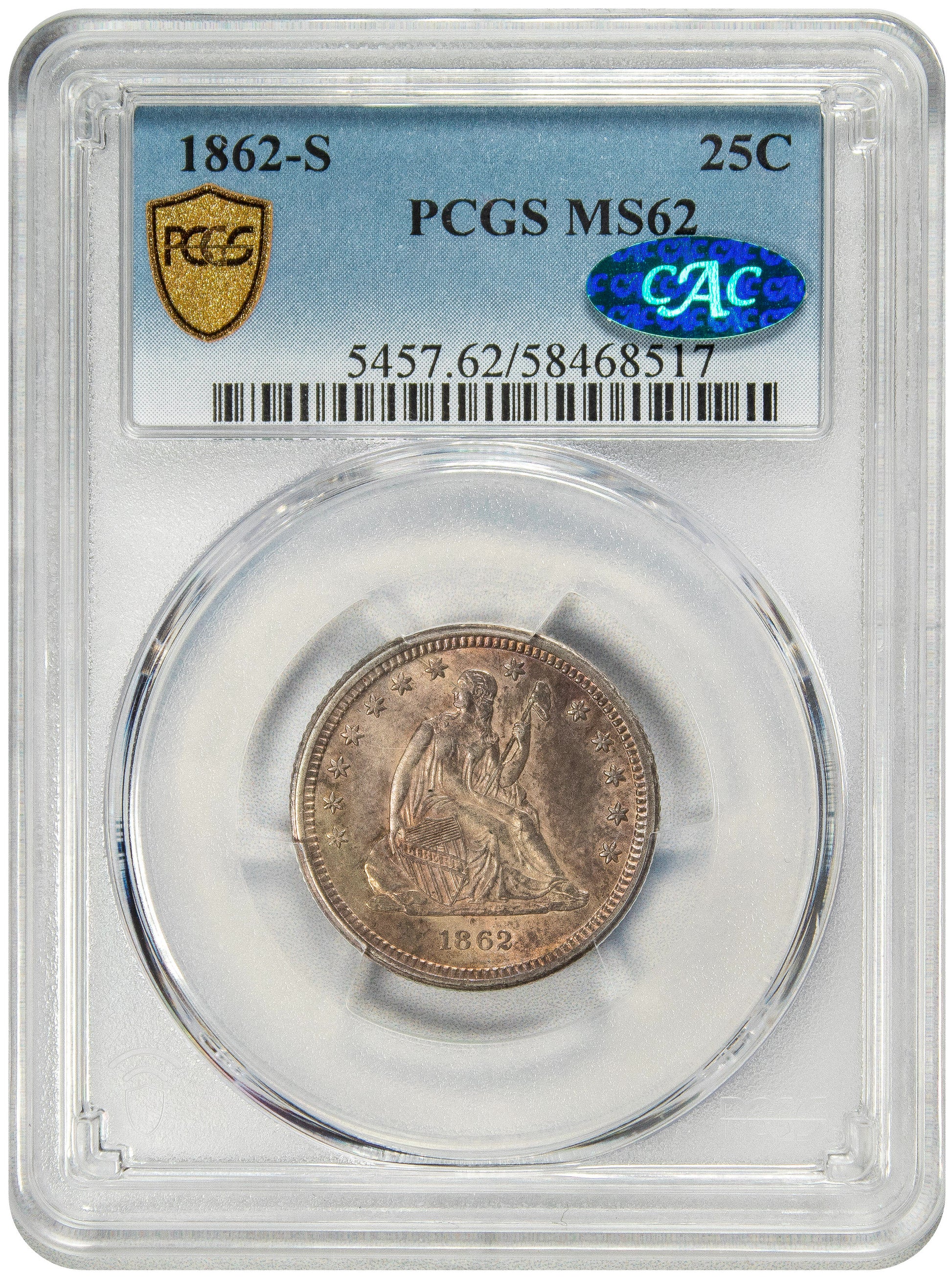 1862-S 25C MS62 PCGS CAC HOLDER WITH GREEN CAC STICKER