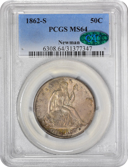 1862-S 50C MS64 PCGS CAC EX NEWMAN coin in a protective case with a PCGS MS64 grade label and CAC approval sticker.
