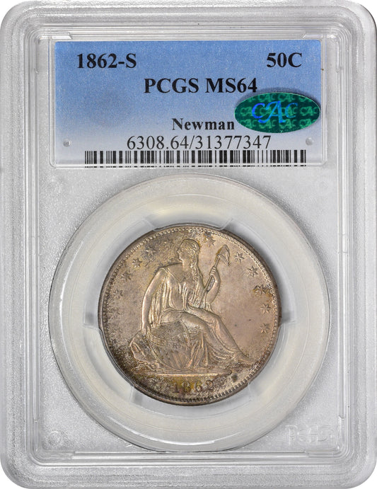 1862-S 50C MS64 PCGS CAC EX NEWMAN coin in a protective case with a PCGS MS64 grade label and CAC approval sticker.