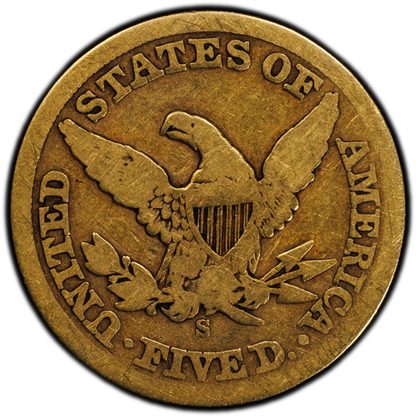 1862-S Liberty Head Half Eagle $5 VG10 PCGS CAC Reverse