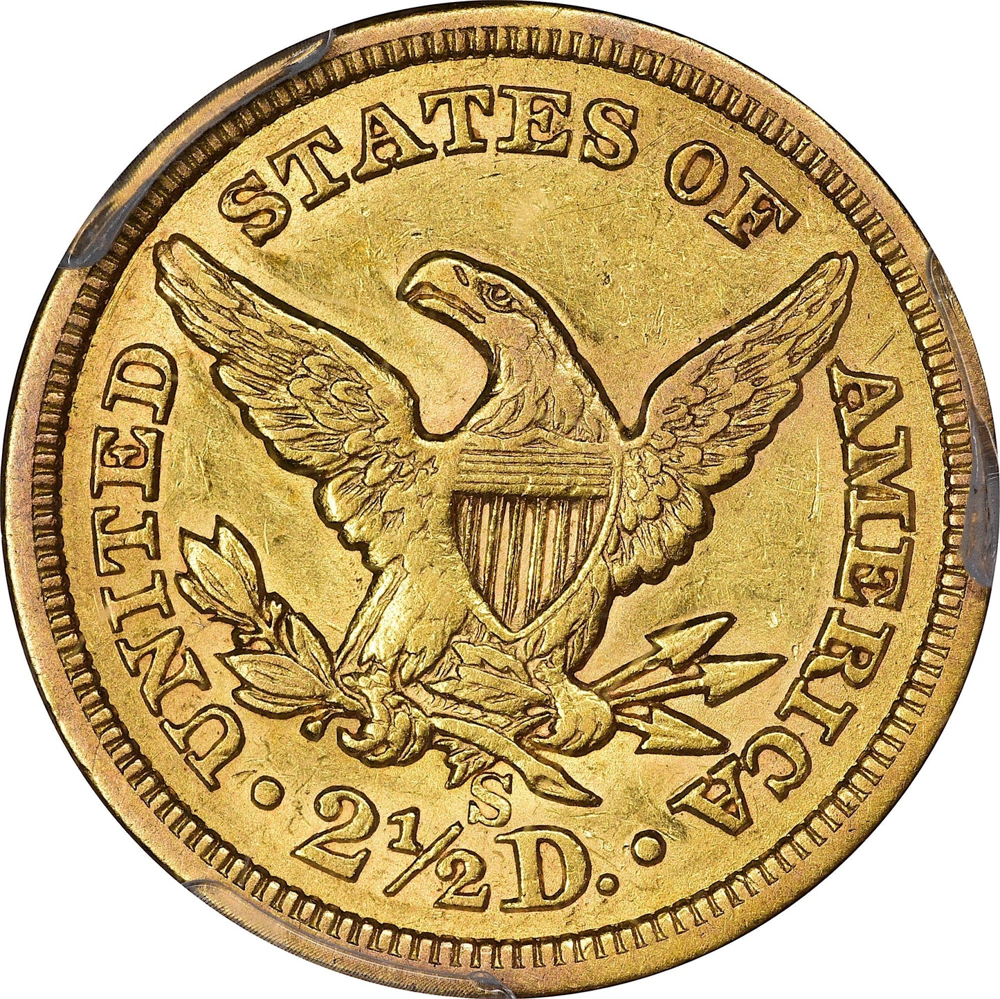 1862-S Liberty Head Quarter Eagle $2.5 AU55 PCGS CAC Reverse