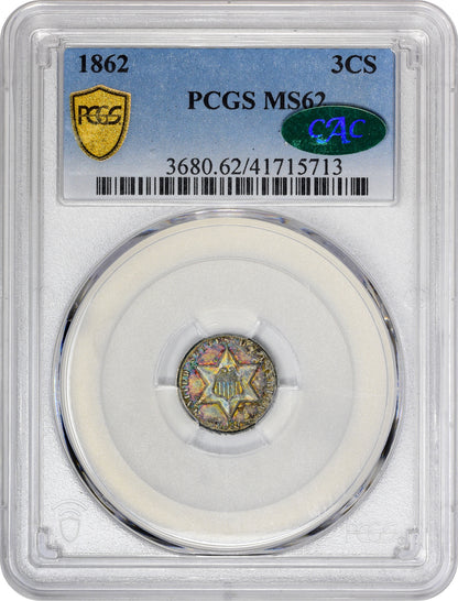 1862 3CS MS62 PCGS CAC HOLDER WITH CAC STICKER