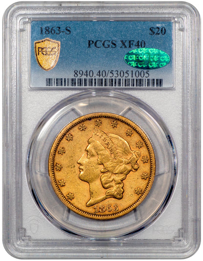 1863-S Liberty Head Double Eagle $20 XF40 PCGS CAC Holder With Green CAC Sticker