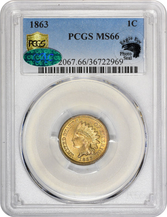 An 1863 Indian Head Cent coin graded MS66 by PCGS, encapsulated in a protective case with PCGS Coin# and verification number visible.
