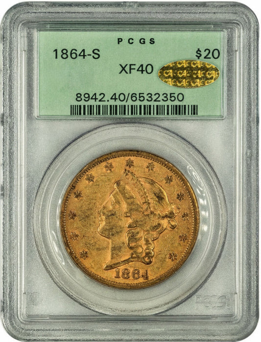 1864-S $20 XF40 OGH PCGS GOLD CAC WITH GOLD CAC STICKER