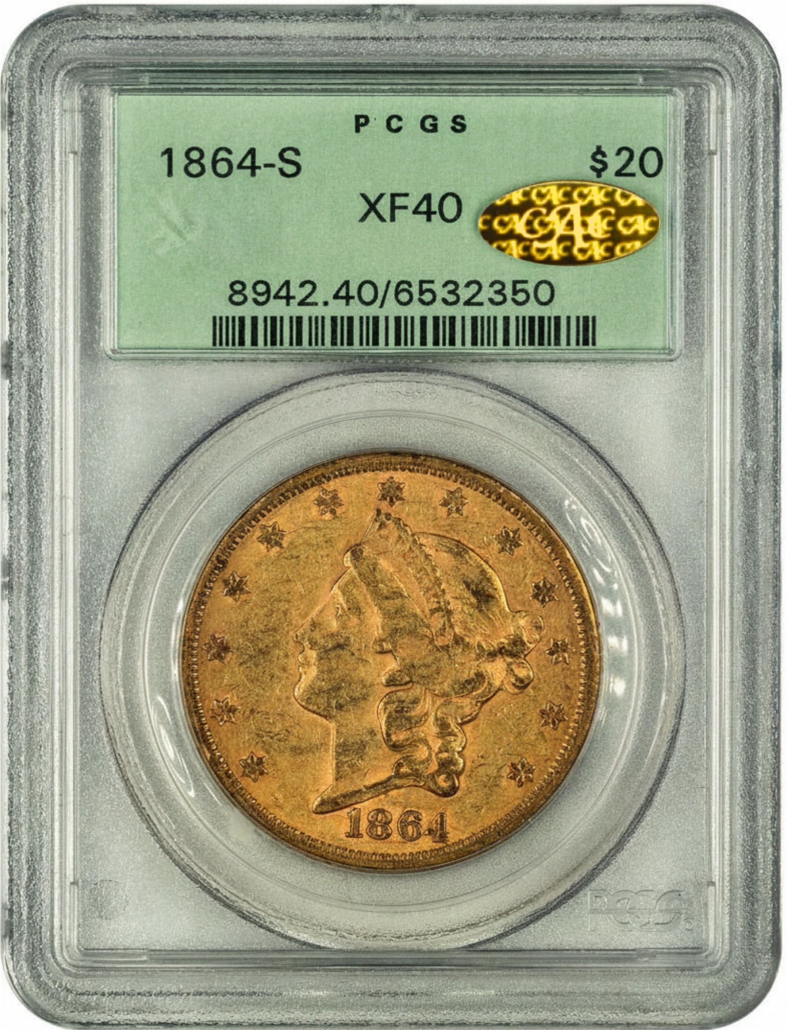 1864-S $20 XF40 OGH PCGS GOLD CAC WITH GOLD CAC STICKER