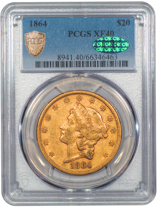 1864 Liberty Head Double Eagle $20 XF40 PCGS CAC HOLDER WITH GREEN CAC STICKER
