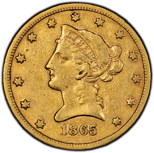 1865-S $10 VF30 PCGS CAC