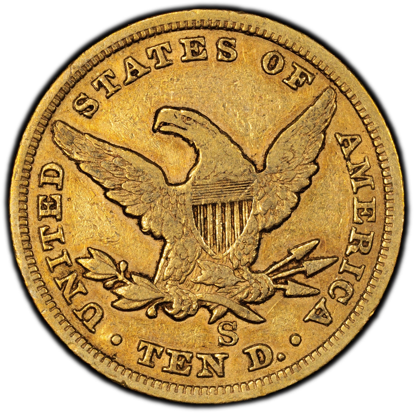 1865 S $10 VF30 PCGS CAC $10