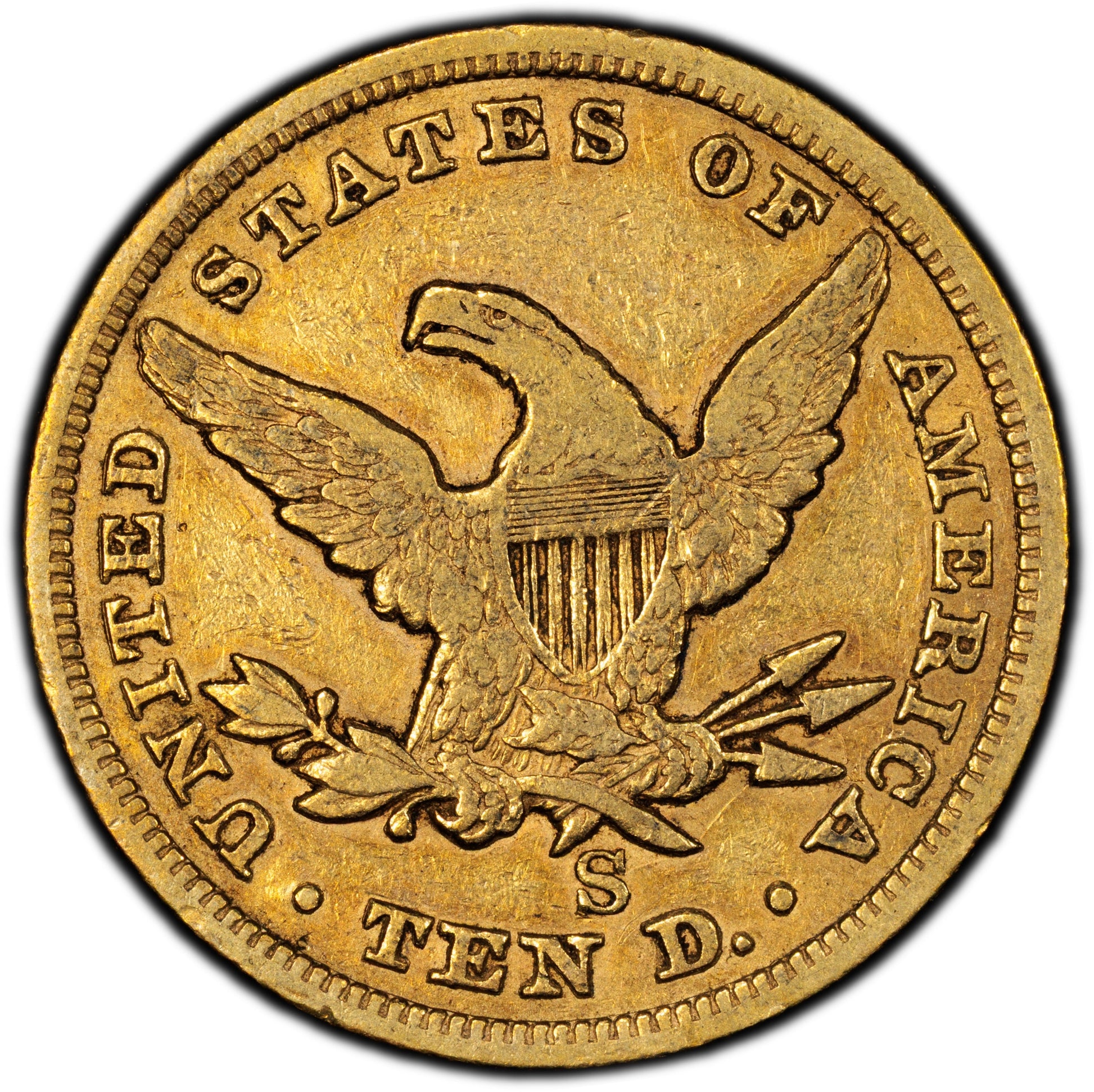 1865 S $10 VF30 PCGS CAC $10