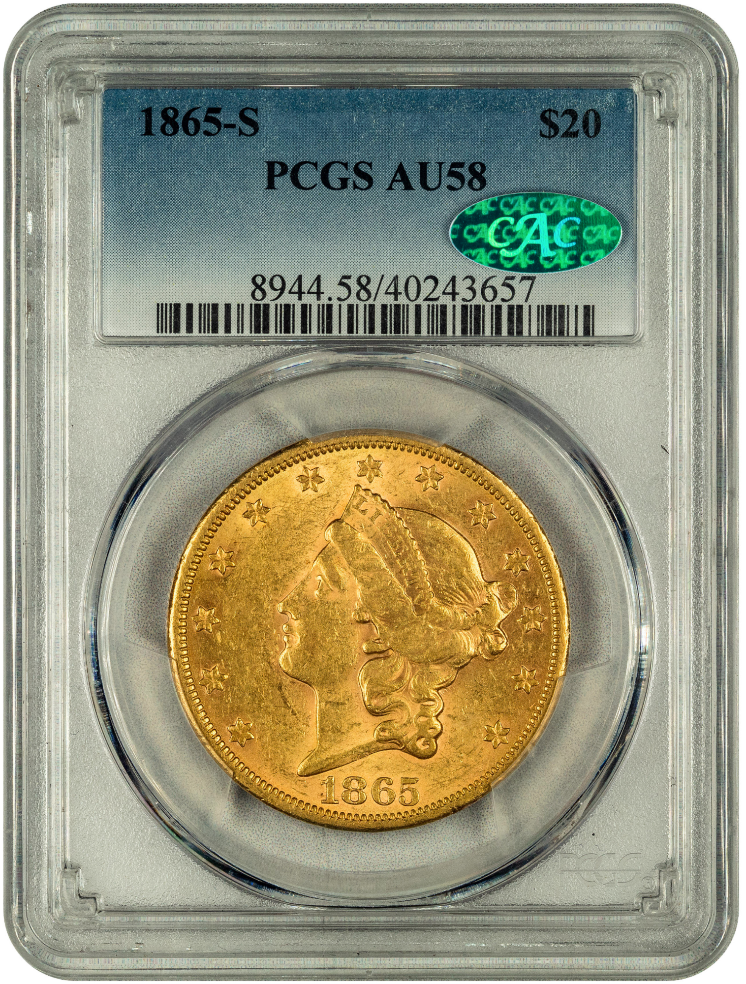 1865-S $20 San Francisco Liberty Head Double Eagle AU58 PCGS CAC HOLDER WITH GREEN CAC STICKER