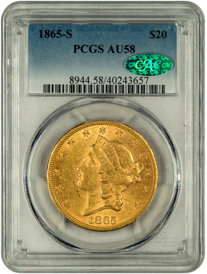 1865-S $20 San Francisco Liberty Head Double Eagle AU58 PCGS CAC HOLDER WITH GREEN CAC STICKER