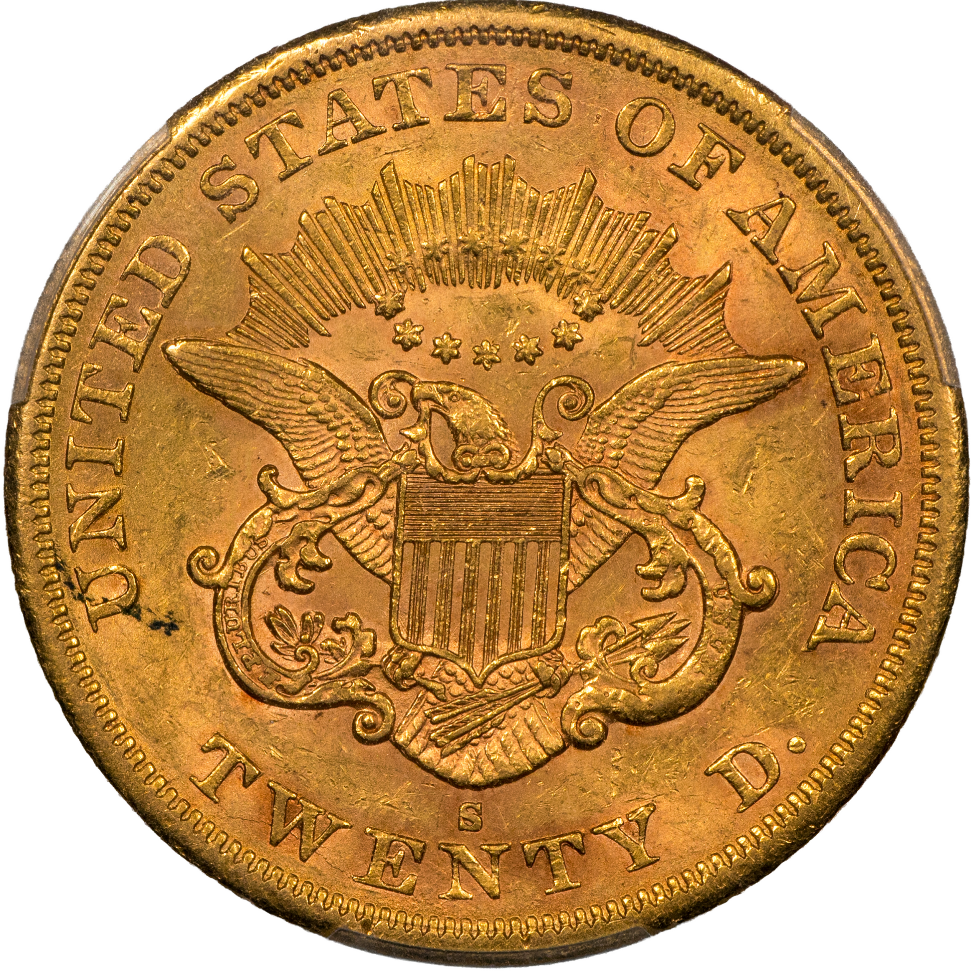 1865-S $20 San Francisco Liberty Head Double Eagle AU58 PCGS CAC REVERSE