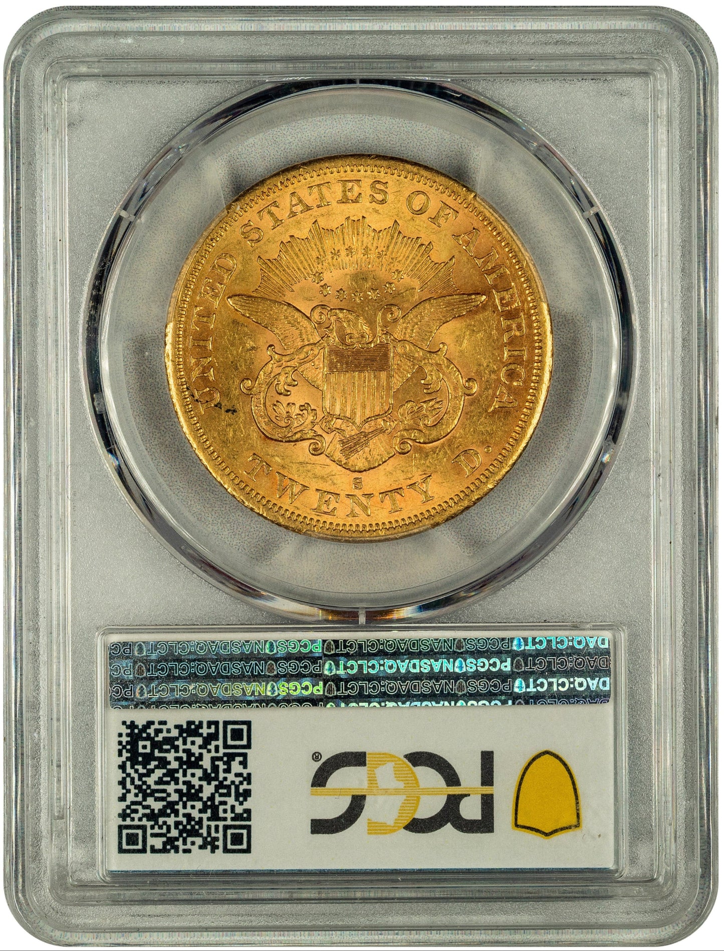 1865-S $20 San Francisco Liberty Head Double Eagle AU58 PCGS CAC REVERSE HOLDER