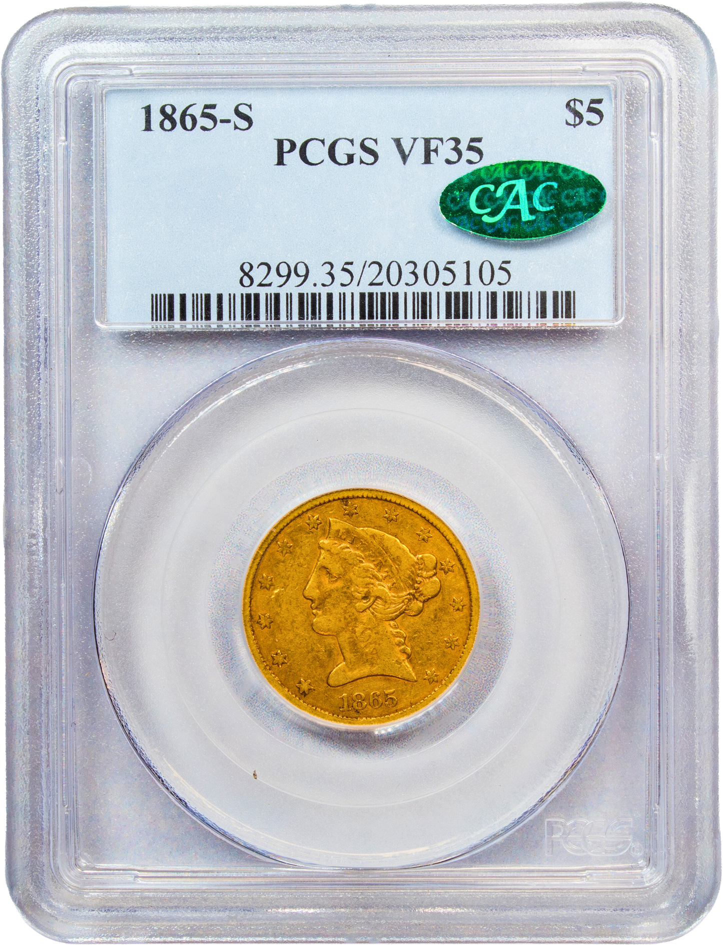 1865-S $5 VF35 PCGS CAC HOLDER WITH GREEN CAC STICKER