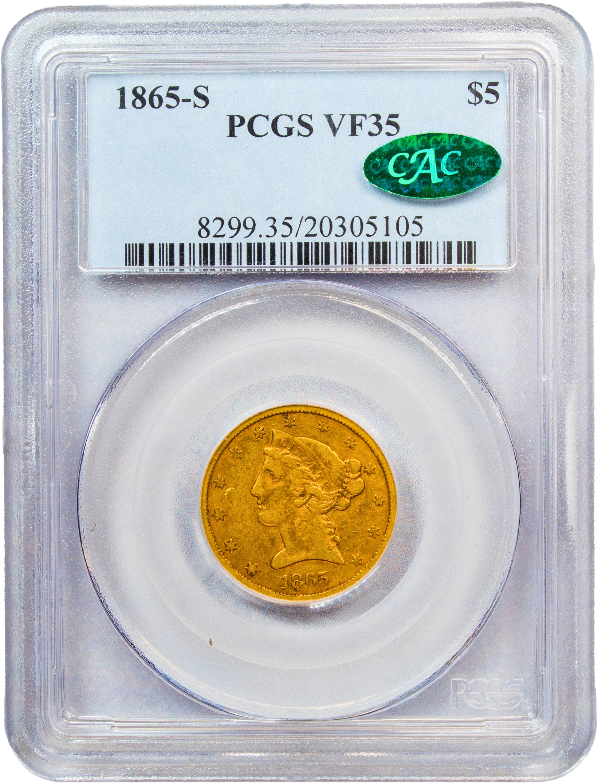 1865-S $5 VF35 PCGS CAC HOLDER WITH GREEN CAC STICKER